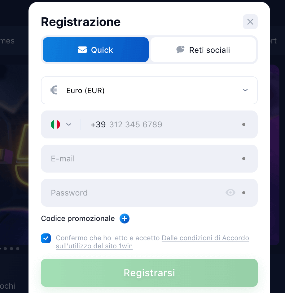 Registrazione su 1Win Italia
